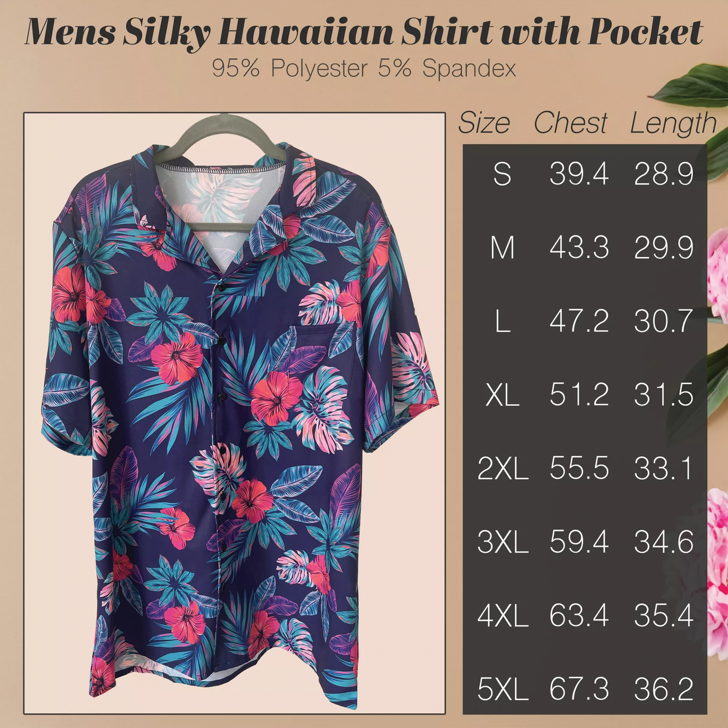 Mens Silky Hawaiian Shirt with Pocket